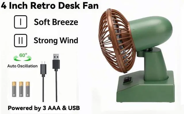 Alt view image 5 of 7 - Sourcingbay Small Desk Fan 4" USB and Battery Operated Mini Fan with 2 Speeds and Oscillating Head, Portable Cooling Table Fan for Home Office Dorm Pets, Retro Green Gift Fan
