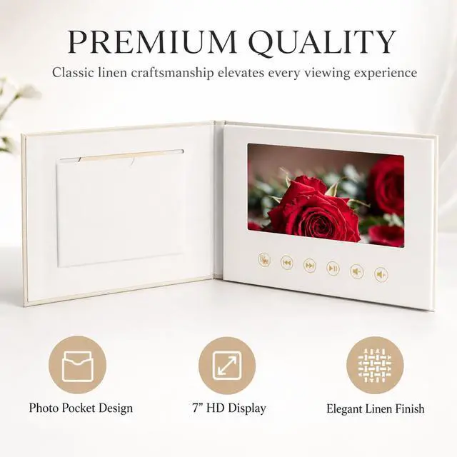 Alt view image 3 of 7 - Sourcingbay 7-Inch IPS Video Memory Book, Linen Cover, Auto-Play on Open, 4GB USB-C Keepsake Gift for Weddings, Retirements & Milestone Birthdays, Loads MP4 from Any Computer