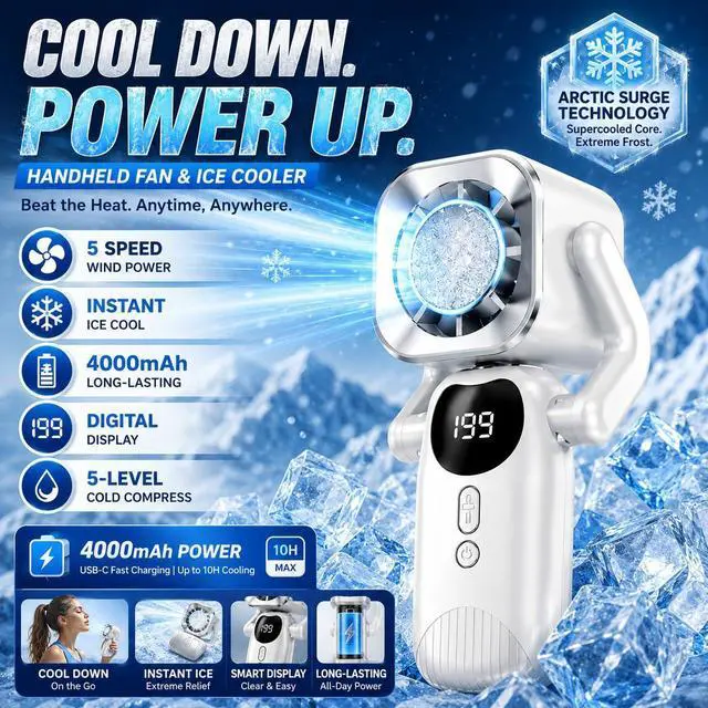 Alt view image 2 of 7 - Sourcingbay Portable Handheld Fan with Ice Cooling Plate, 4000mAh Rechargeable USB-C Personal Fan, 5 Speed Foldable Mini Fan with LED Flashlight and Lanyard for Travel Outdoor Office Cycling, Gray