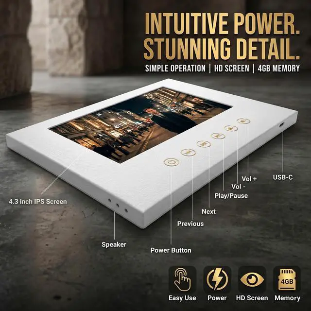 Alt view image 2 of 6 - 4.3" Video Greeting Card Player, White Faux Leather Square Digital Frame