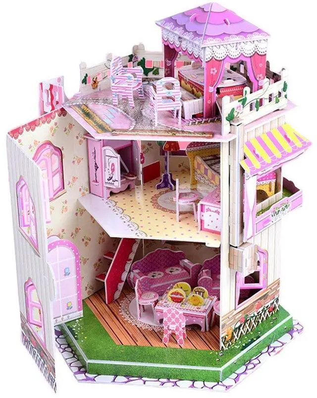 Main image of Sourcingbay 3D Puzzle Dollhouse for Girls - Easy to Assemble 3-D Miniature Doll House Building Kit with LED Light for Kids - Educational Paper Jigsaw Puzzles - Perfect Craft Toys Gift - 101 Pcs