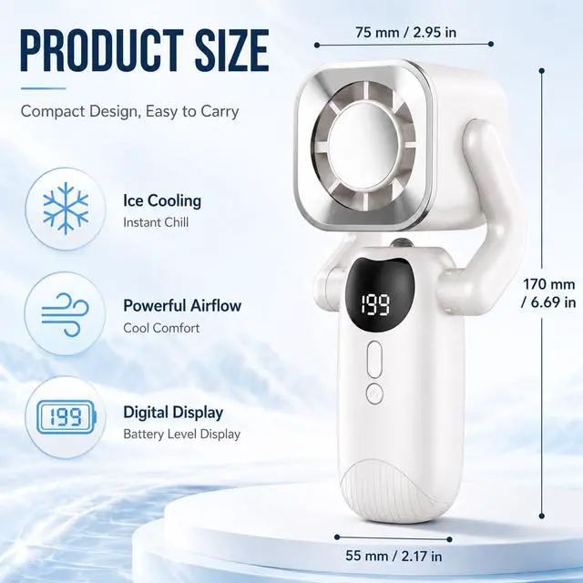 Alt view image 7 of 7 - Sourcingbay Portable Handheld Fan with Ice Cooling Plate, 4000mAh Rechargeable USB-C Personal Fan, 5 Speed Foldable Mini Fan with LED Flashlight and Lanyard for Travel Outdoor Office Cycling, Gray