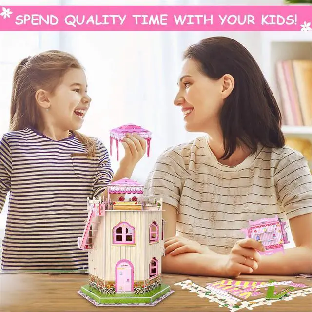 Alt view image 2 of 7 - Sourcingbay 3D Puzzle Dollhouse for Girls - Easy to Assemble 3-D Miniature Doll House Building Kit with LED Light for Kids - Educational Paper Jigsaw Puzzles - Perfect Craft Toys Gift - 101 Pcs