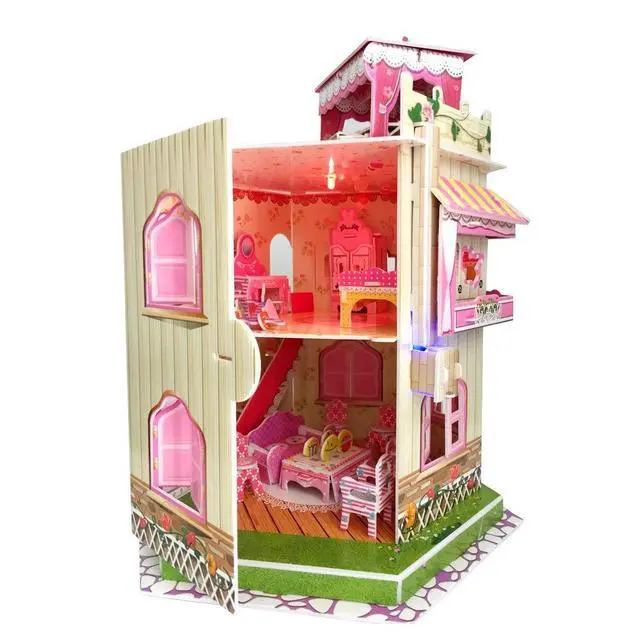 Alt view image 3 of 7 - Sourcingbay 3D Puzzle Dollhouse for Girls - Easy to Assemble 3-D Miniature Doll House Building Kit with LED Light for Kids - Educational Paper Jigsaw Puzzles - Perfect Craft Toys Gift - 101 Pcs