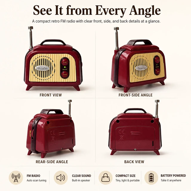 Alt view image 4 of 7 - Sourcingbay Mini FM Radio, Retro FM Only 88-108 MHz, Auto Scan, Red & Cream