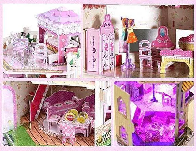 Alt view image 4 of 7 - Sourcingbay 3D Puzzle Dollhouse for Girls - Easy to Assemble 3-D Miniature Doll House Building Kit with LED Light for Kids - Educational Paper Jigsaw Puzzles - Perfect Craft Toys Gift - 101 Pcs