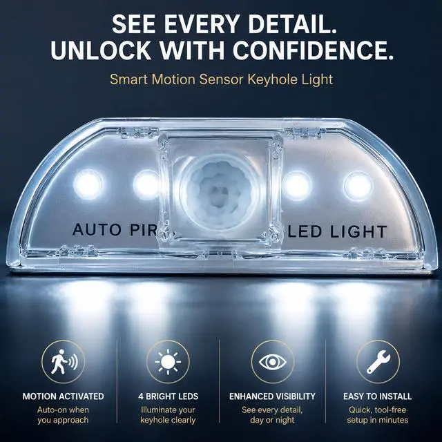 Alt view image 6 of 7 - Sourcingbay Motion Sensor Keyhole Light - Stick-On Wireless LED Door Lock Light, Auto On/Off, Battery Operated, No-Tool Installation for Front Door, Safe, Cabinet (Silver)