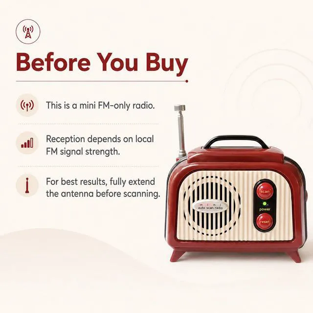 Alt view image 7 of 7 - Sourcingbay Mini FM Radio, Retro FM Only 88-108 MHz, Auto Scan, Red & Cream