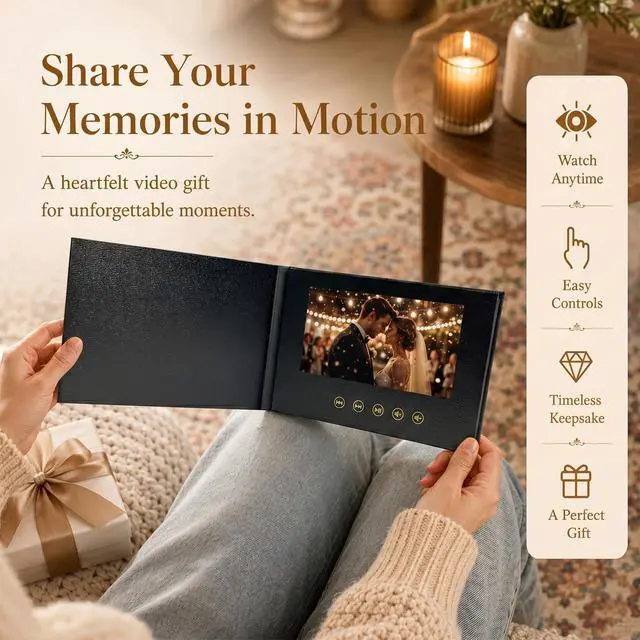 Alt view image 3 of 7 - Sourcingbay 7" Video Greeting Card, Auto-Play Black Faux Leather Keepsake Memory Book