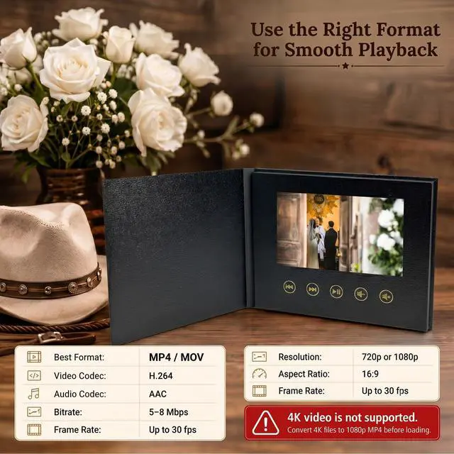 Alt view image 4 of 7 - Sourcingbay 7" Video Greeting Card, Auto-Play Black Faux Leather Keepsake Memory Book