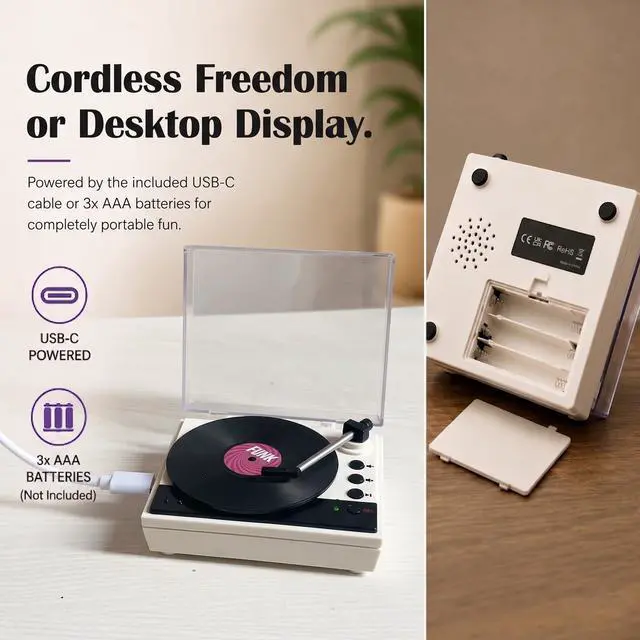Alt view image 5 of 7 - Sourcingbay Mini Record Player with Voice Recording, 4 Discs, Auto-Spinning Desk Decor