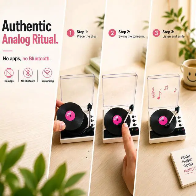 Alt view image 3 of 7 - Sourcingbay Mini Record Player with Voice Recording, 4 Discs, Auto-Spinning Desk Decor,White