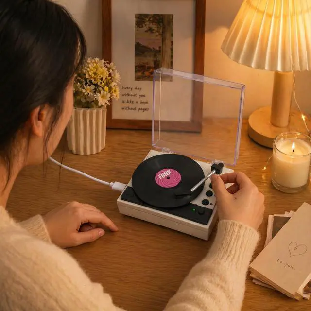 Alt view image 7 of 7 - Sourcingbay Mini Record Player with Voice Recording, 4 Discs, Auto-Spinning Desk Decor,White