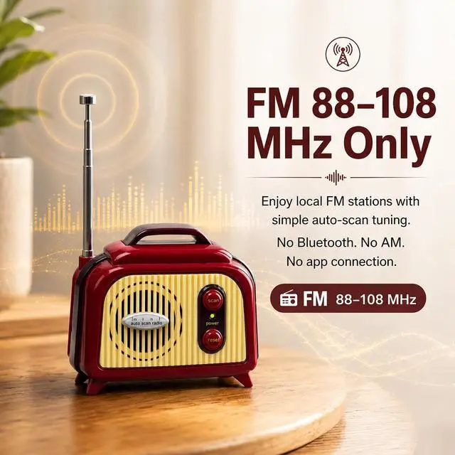Alt view image 2 of 7 - Sourcingbay Mini FM Radio, Vintage FM Only Radio 88-108 MHz, Auto Scan, 2 AA Battery Power, Compact for Desk, Shelf or Bedside