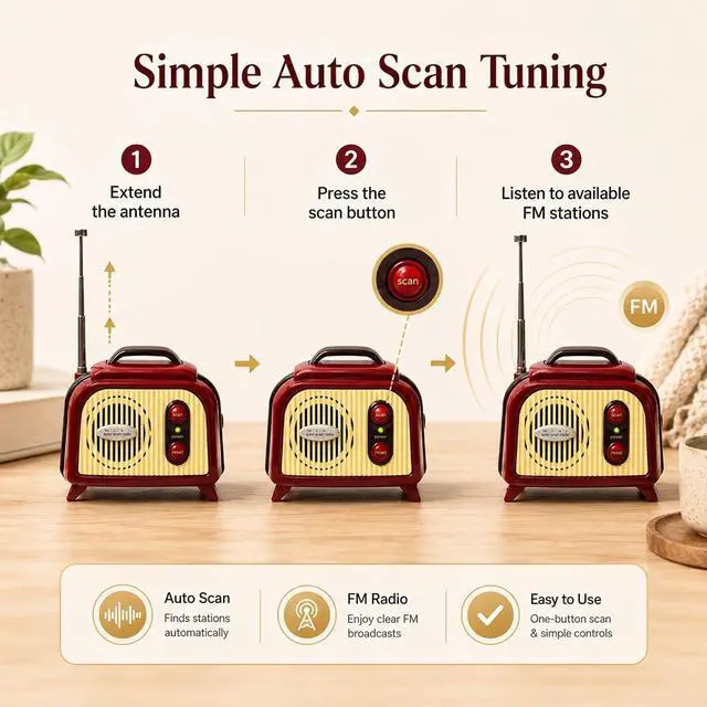 Alt view image 4 of 7 - Sourcingbay Mini FM Radio, Vintage FM Only Radio 88-108 MHz, Auto Scan, 2 AA Battery Power, Compact for Desk, Shelf or Bedside