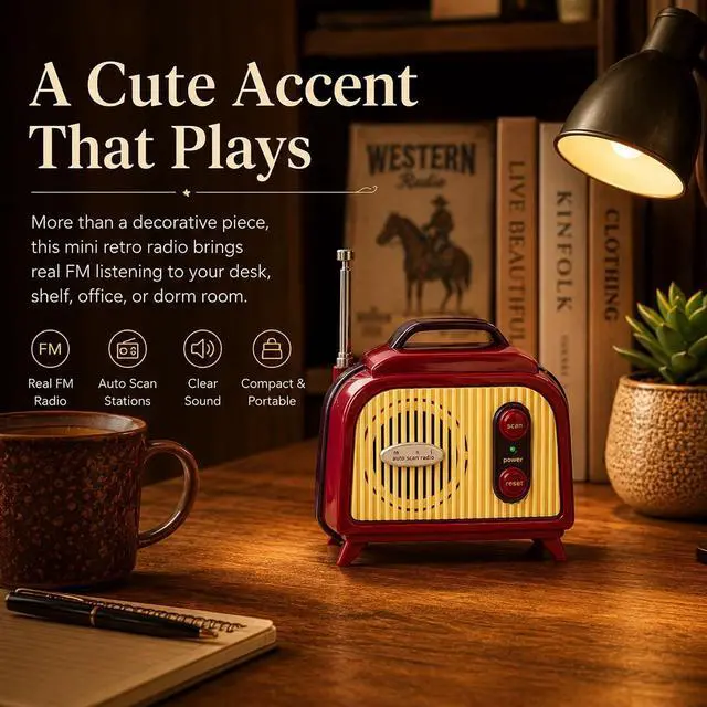 Alt view image 3 of 7 - Sourcingbay Mini FM Radio, Vintage FM Only Radio 88-108 MHz, Auto Scan, 2 AA Battery Power, Compact for Desk, Shelf or Bedside