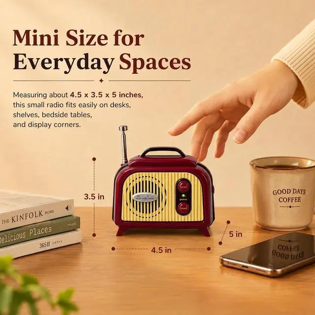 Alt view image 5 of 7 - Sourcingbay Mini FM Radio, Vintage FM Only Radio 88-108 MHz, Auto Scan, 2 AA Battery Power, Compact for Desk, Shelf or Bedside