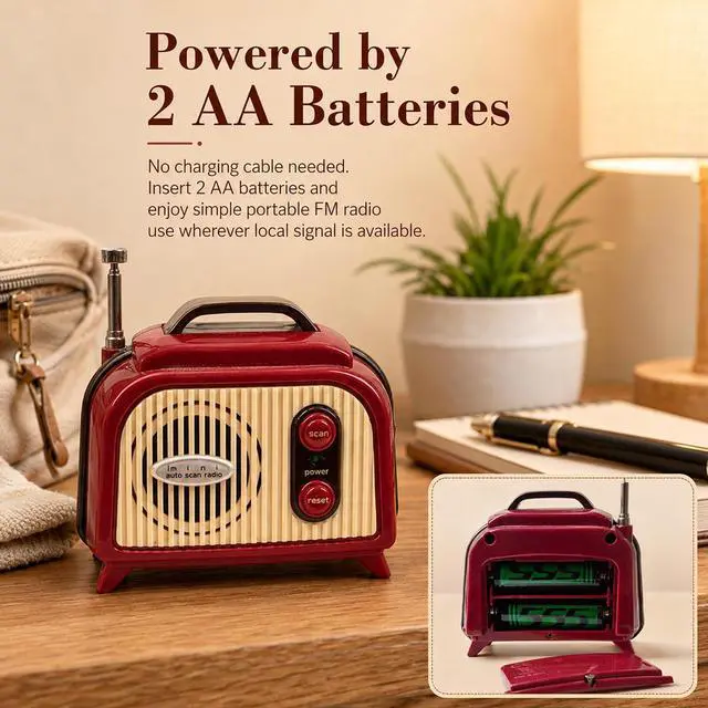 Alt view image 6 of 7 - Sourcingbay Mini FM Radio, Vintage FM Only Radio 88-108 MHz, Auto Scan, 2 AA Battery Power, Compact for Desk, Shelf or Bedside