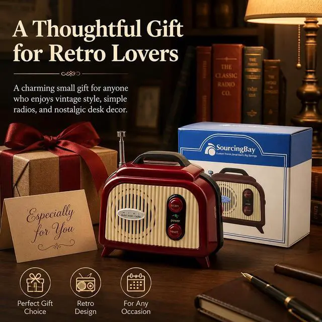 Alt view image 7 of 7 - Sourcingbay Mini FM Radio, Vintage FM Only Radio 88-108 MHz, Auto Scan, 2 AA Battery Power, Compact for Desk, Shelf or Bedside
