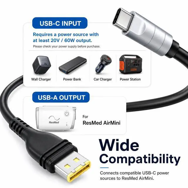 Alt view image 2 of 7 - Sourcingbay USB-C Power Cord for ResMed AirMini 1.3ft 24V Stable Output, 30W PD,Works with Power Banks & Car Chargers, No Converter Box, Travel CPAP Cord (Not for S11 or Apple 20.3V)