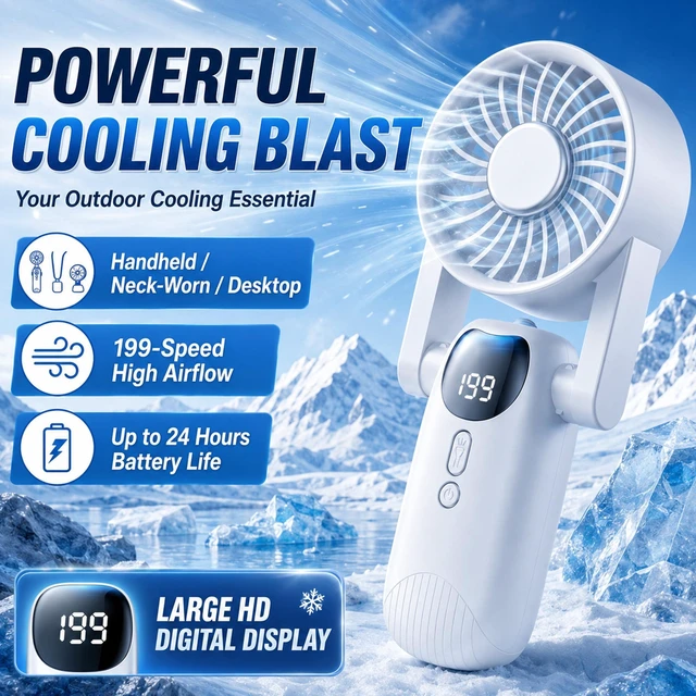 Alt view image 2 of 7 - Sourcingbay Portable Handheld Cooling Fan 5-Speed Foldable Led Light 4000mAh Usb-C Rechargeable for Travel Work