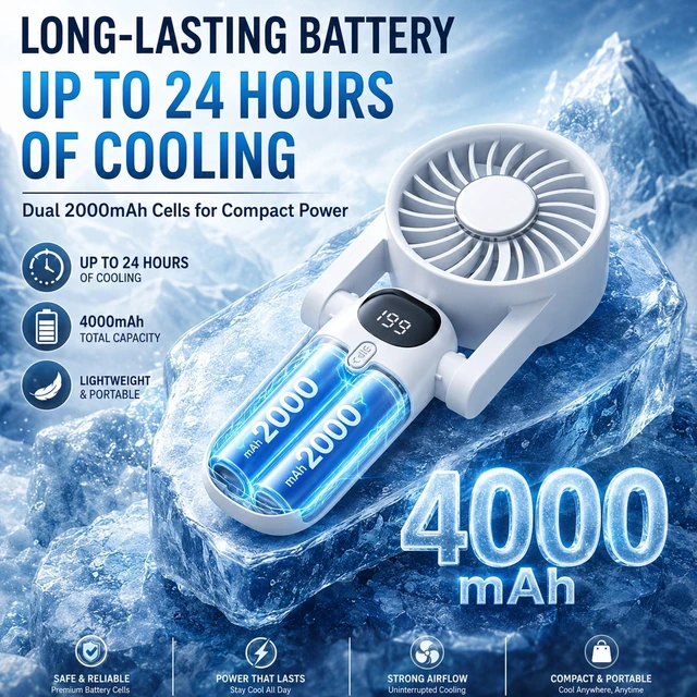 Alt view image 3 of 7 - Sourcingbay Portable Handheld Cooling Fan 5-Speed Foldable Led Light 4000mAh Usb-C Rechargeable for Travel Work