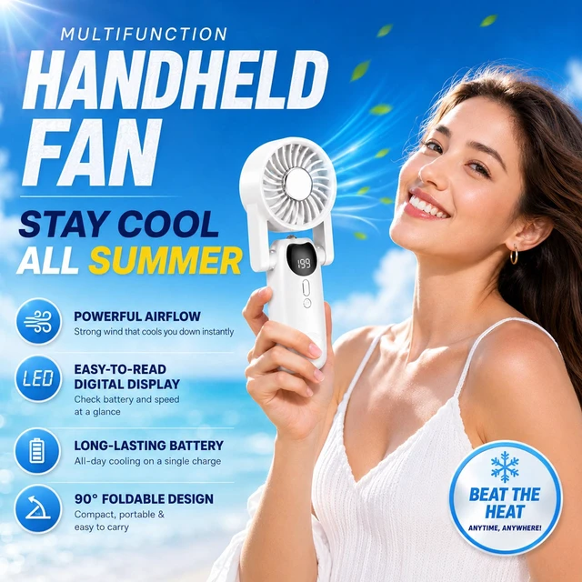 Alt view image 4 of 7 - Sourcingbay Portable Handheld Cooling Fan 5-Speed Foldable Led Light 4000mAh Usb-C Rechargeable for Travel Work