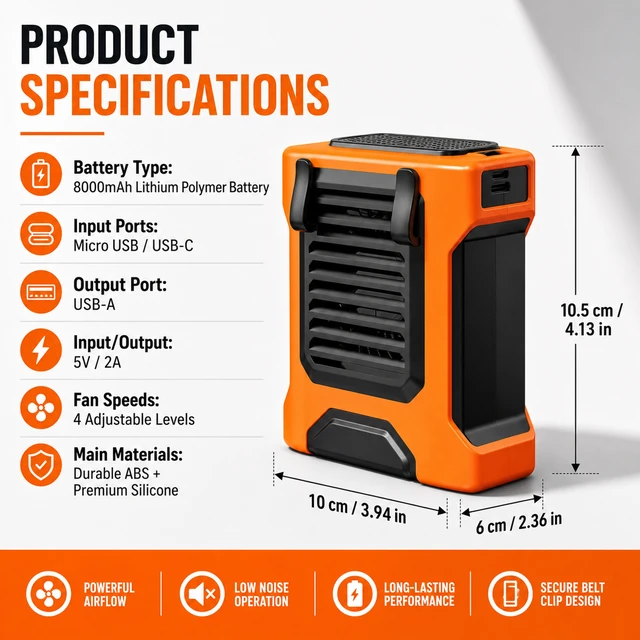 Alt view image 5 of 7 - Sourcingbay Compact Waist Fan 4-Speed Flashlight Digital Display 8000mAh Usb Rechargeable for Outdoor Work Orange