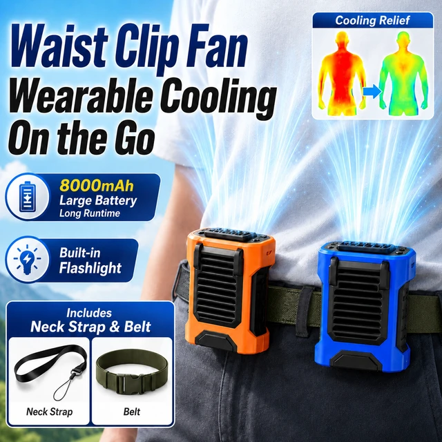 Alt view image 3 of 7 - Sourcingbay Compact Waist Fan 4-Speed Flashlight Digital Display 8000mAh Usb Rechargeable for Outdoor Work Orange