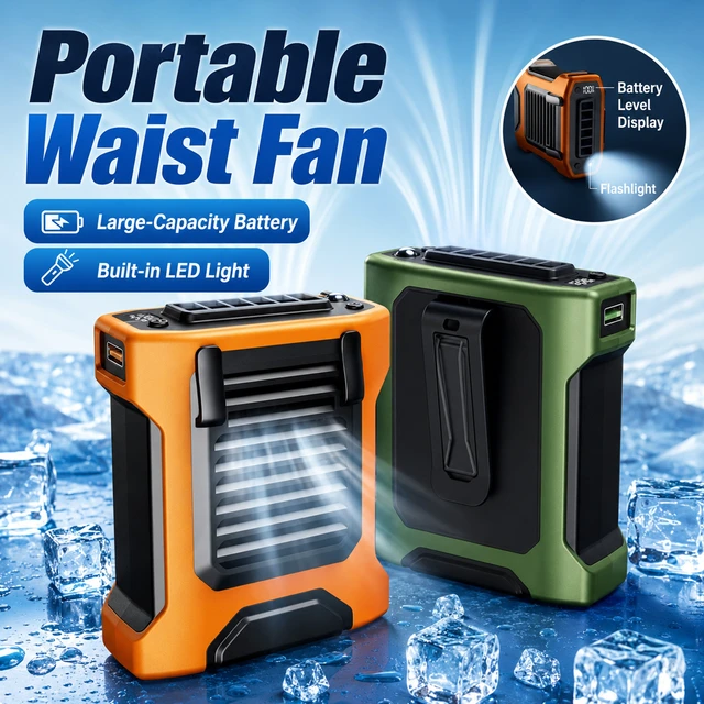 Alt view image 6 of 7 - Sourcingbay Compact Waist Fan 4-Speed Flashlight Digital Display 8000mAh Usb Rechargeable for Outdoor Work Orange