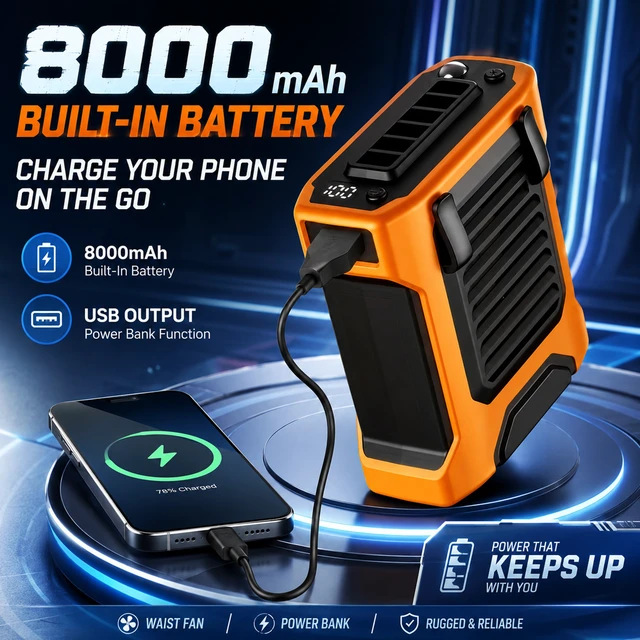 Alt view image 2 of 7 - Sourcingbay Compact Waist Fan 4-Speed Flashlight Digital Display 8000mAh Usb Rechargeable for Outdoor Work Green
