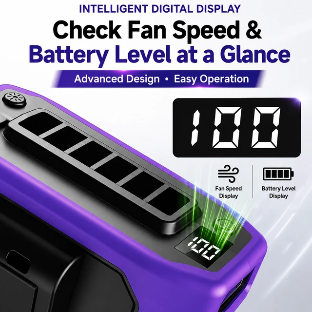 Alt view image 7 of 7 - Sourcingbay Compact Waist Fan 4-Speed Flashlight Digital Display 8000mAh Usb Rechargeable for Outdoor Work Blue