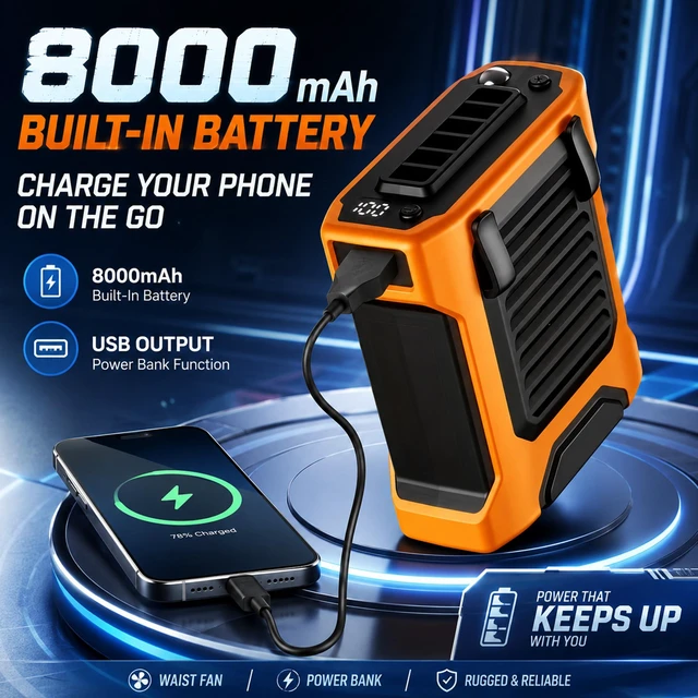 Alt view image 2 of 7 - Sourcingbay Compact Waist Fan 4-Speed Flashlight Digital Display 8000mAh Usb Rechargeable for Outdoor Work Blue