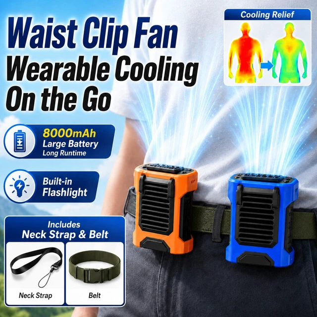 Alt view image 3 of 7 - Sourcingbay Compact Waist Fan 4-Speed Flashlight Digital Display 8000mAh Usb Rechargeable for Outdoor Work Blue