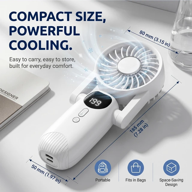 Alt view image 5 of 7 - Sourcingbay Portable Handheld Cooling Fan 5-Speed Foldable Led Light 4000mAh Usb-C Rechargeable for Travel Work Gray