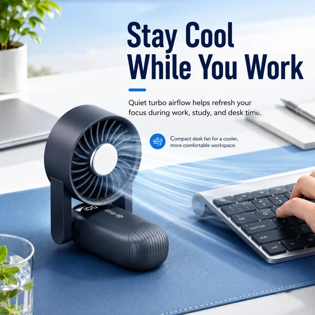 Alt view image 7 of 7 - Sourcingbay Portable Handheld Cooling Fan 5-Speed Foldable Led Light 4000mAh Usb-C Rechargeable for Travel Work Gray