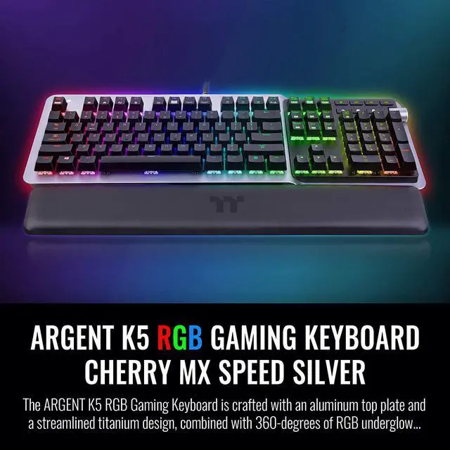 Alt view image 2 of 6 - Thermaltake Argent K5 RGB Gaming Keyboard (Silver Switch), Aluminum and Streamlined Titanium Design, 16.8 Million RGB Color, Anti-ghosting, Magnetic Synthetic Leather Wrist Rest, GKB-KB5-SSSRUS-01