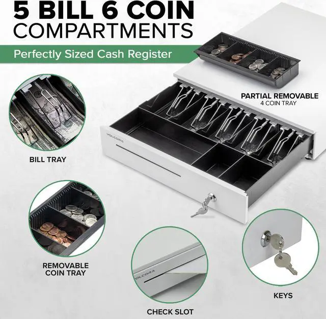 Alt view image 3 of 6 - 16'' Cash Register Drawer with 5 Bill 6 Coin Cash Tray, White