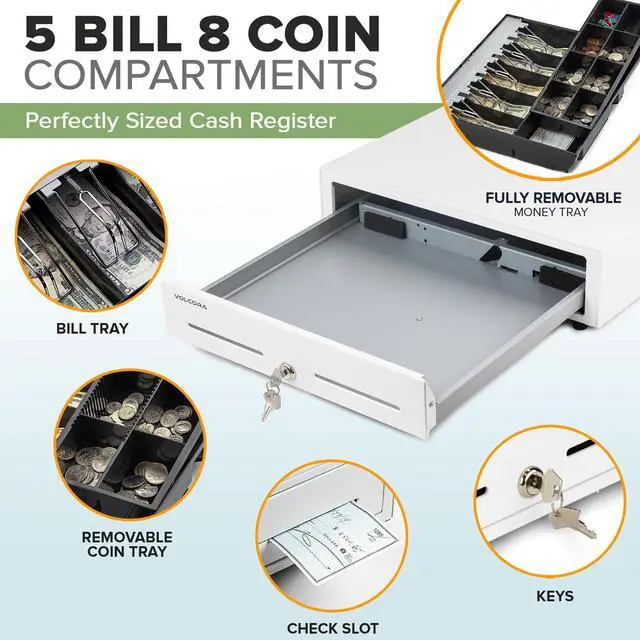 Alt view image 6 of 7 - 16'' Cash Register with Fully Removable 2 Tier Cash Tray, 5 Bill/8 Coin, White