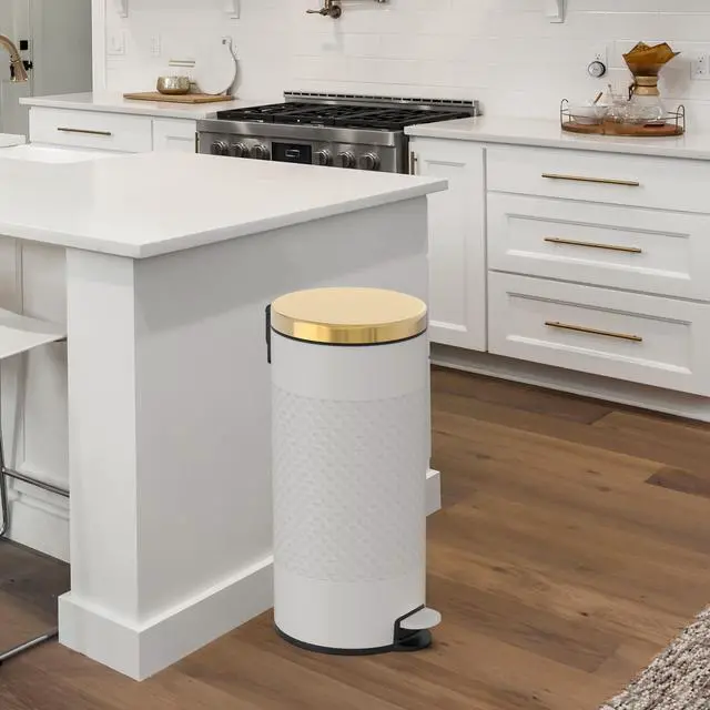 Alt view image 2 of 7 - 8 Gal./30 Liter White Metal Round Shape Step-on Trash Can with Diamond Body