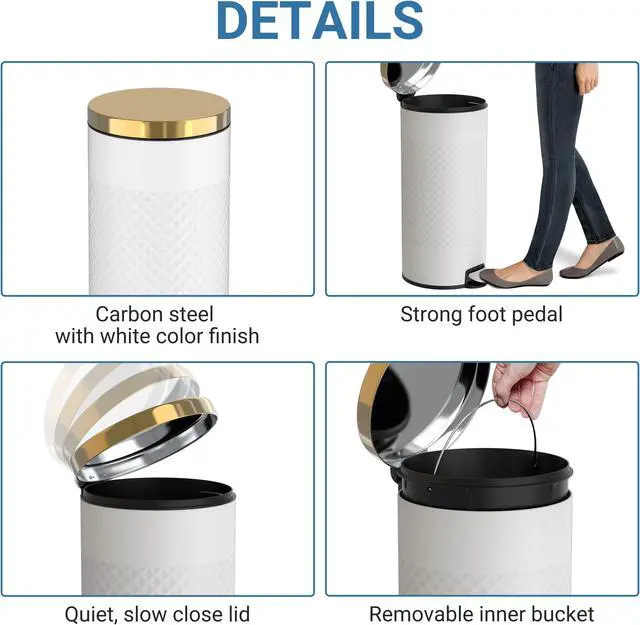 Alt view image 5 of 7 - 8 Gal./30 Liter White Metal Round Shape Step-on Trash Can with Diamond Body