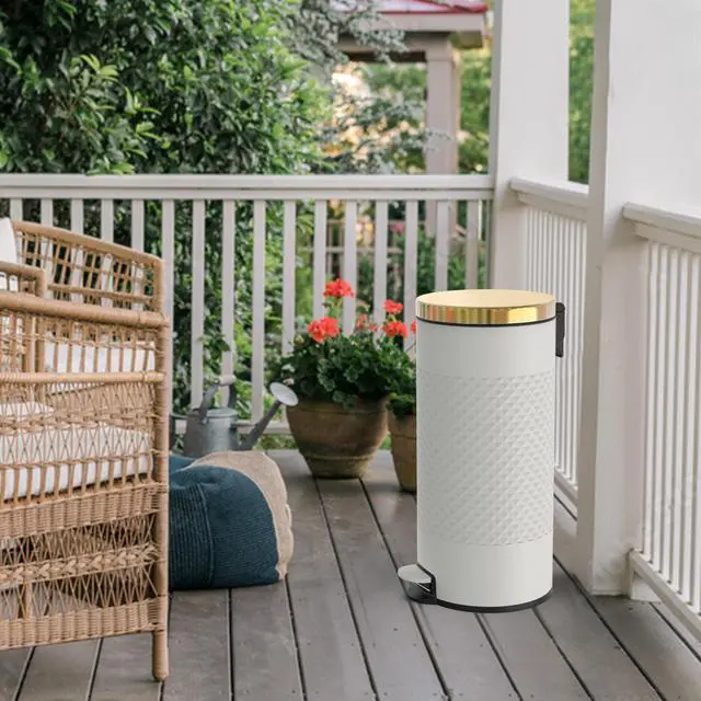 Alt view image 4 of 7 - 8 Gal./30 Liter White Metal Round Shape Step-on Trash Can with Diamond Body