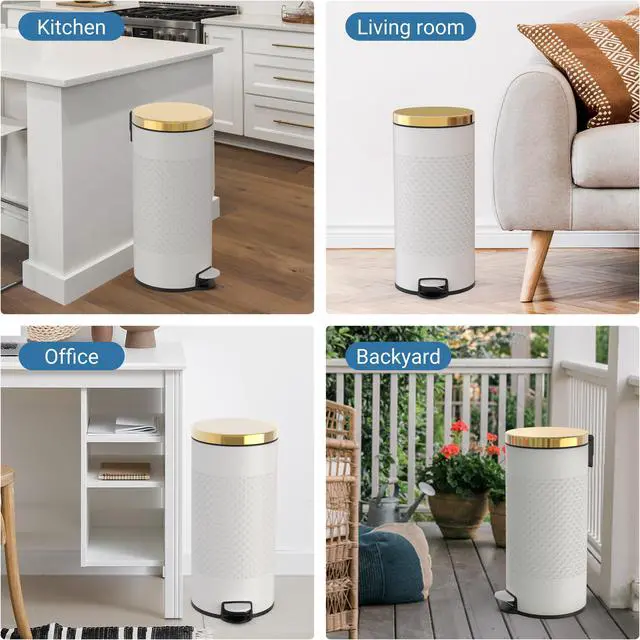 Alt view image 6 of 7 - 8 Gal./30 Liter White Metal Round Shape Step-on Trash Can with Diamond Body
