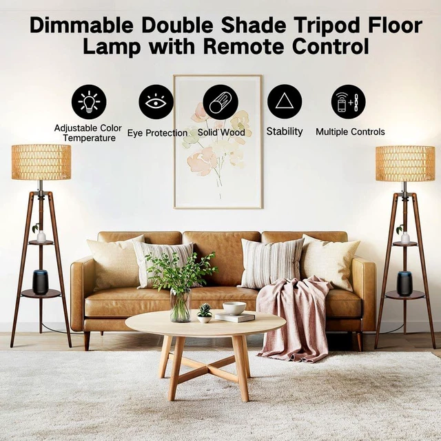 Alt view image 3 of 7 - 61'' Tall Boho Tripod Floor Lamp with Shelves, Mid-Century Modern Wood Standing Lamp with Rattan and Fabric Shades for Home, 2 Pallet