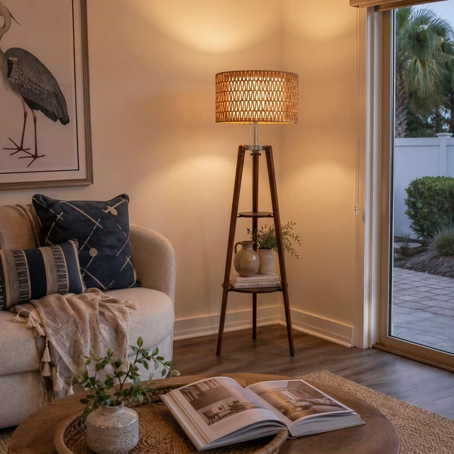 Main image of 61'' Tall Boho Tripod Floor Lamp with Shelves, Mid-Century Modern Wood Standing Lamp with Rattan and Fabric Shades for Home, 2 Pallet
