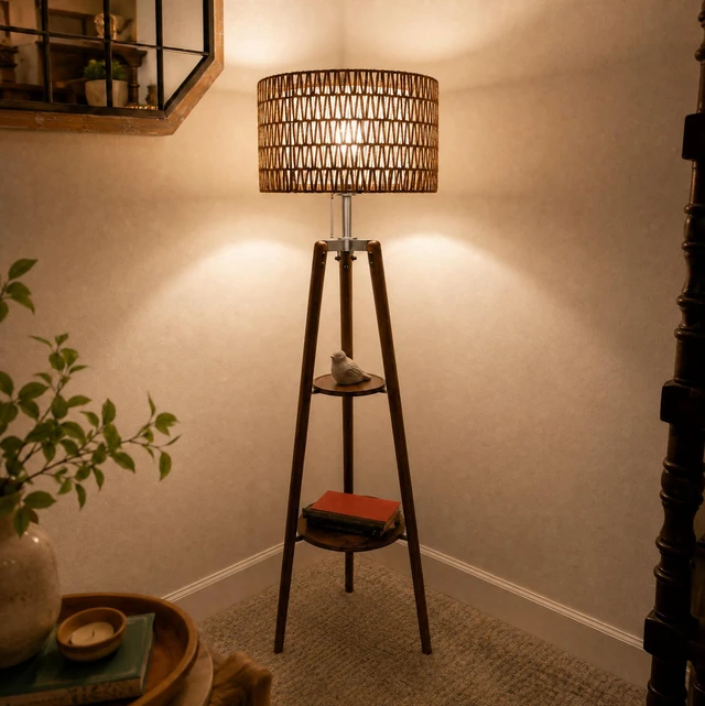 Alt view image 2 of 7 - 61'' Tall Boho Tripod Floor Lamp with Shelves, Mid-Century Modern Wood Standing Lamp with Rattan and Fabric Shades for Home, 2 Pallet
