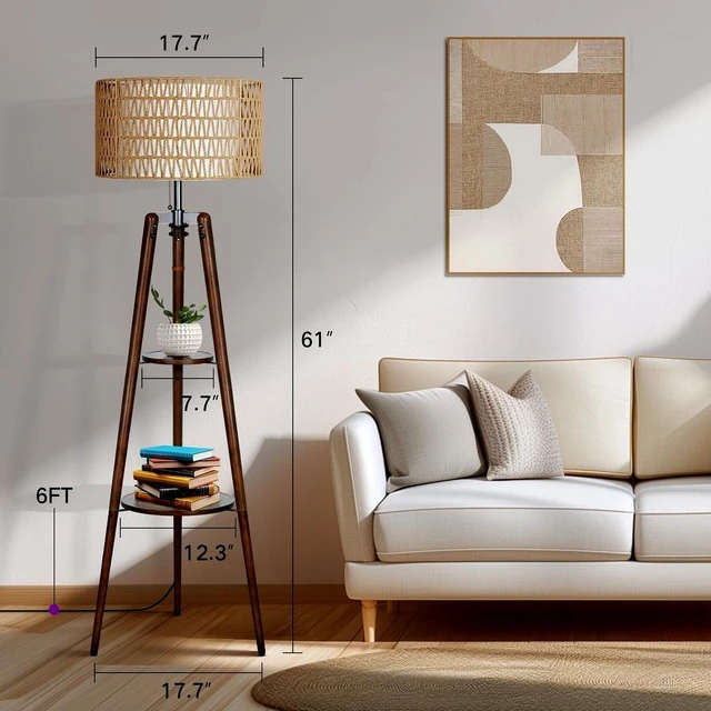 Alt view image 5 of 7 - 61'' Tall Boho Tripod Floor Lamp with Shelves, Mid-Century Modern Wood Standing Lamp with Rattan and Fabric Shades for Home, 2 Pallet