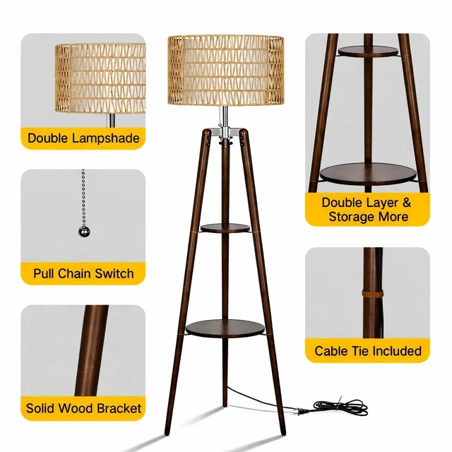 Alt view image 7 of 7 - 61'' Tall Boho Tripod Floor Lamp with Shelves, Mid-Century Modern Wood Standing Lamp with Rattan and Fabric Shades for Home, 2 Pallet