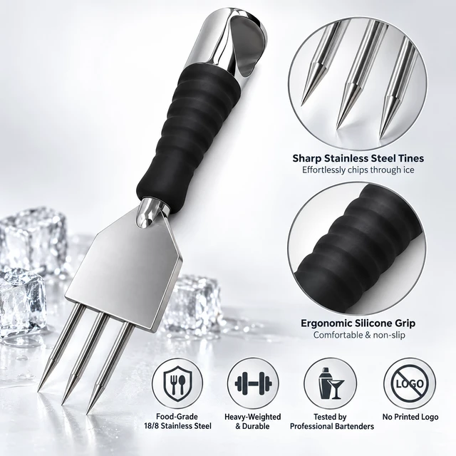 Alt view image 4 of 7 - 18/8 Stainless Steel 3-Prong Ice Pick, Ice Breaker Tool, Non-Slip Grip Handle, for Kitchen, Bar, Bartender and Restaurant
