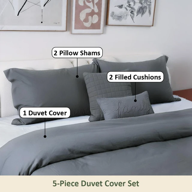 Alt view image 3 of 5 - 5-Piece Modern Minimalist Duvet Cover Set with Cushions King Size Gray